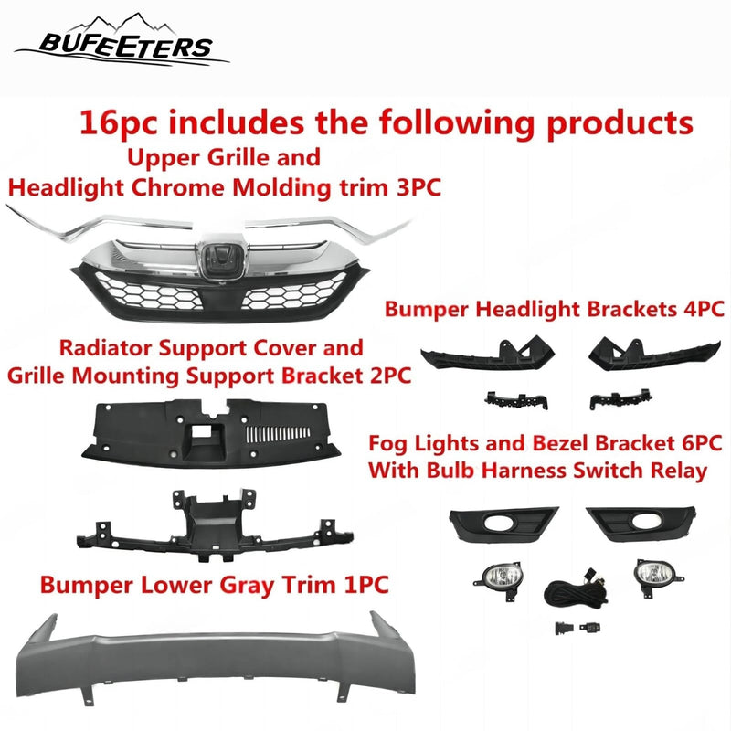 BUFEETERS Front Upper Grille/Trim/Bumper Garnish/Fog Light/Stay Bracket/Radiator Cover Fit For 2017 2018 2019 Honda CRV,Factory Style,Chrome&Black