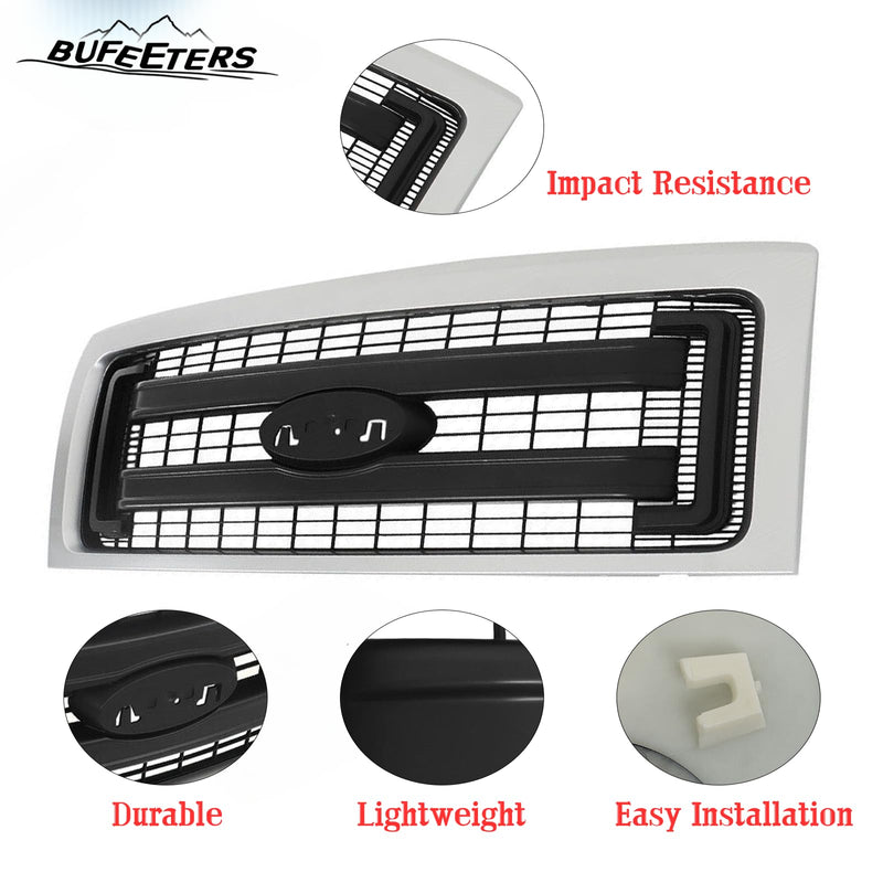 BUFEETERS  Front Bumper Grille Fit For 2009 2010 2011 2012 2013 2014 Ford F150 F-150,Horizontal Billet Style,Silver&Black