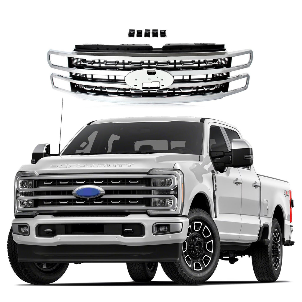 BUFEETERS Front Bumper Upper Grille Fit For 2023 2024 Ford F250 F350 Super Duty,Platinum Look Style,Chrome&Black