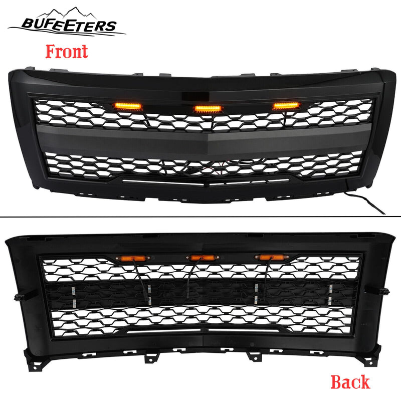 BUFEETERS Front Bumper Hood Upper Grille w/Light Fit For 2014 2015 Chevy Silverado 1500,Honeycomb Style,Gloss Black