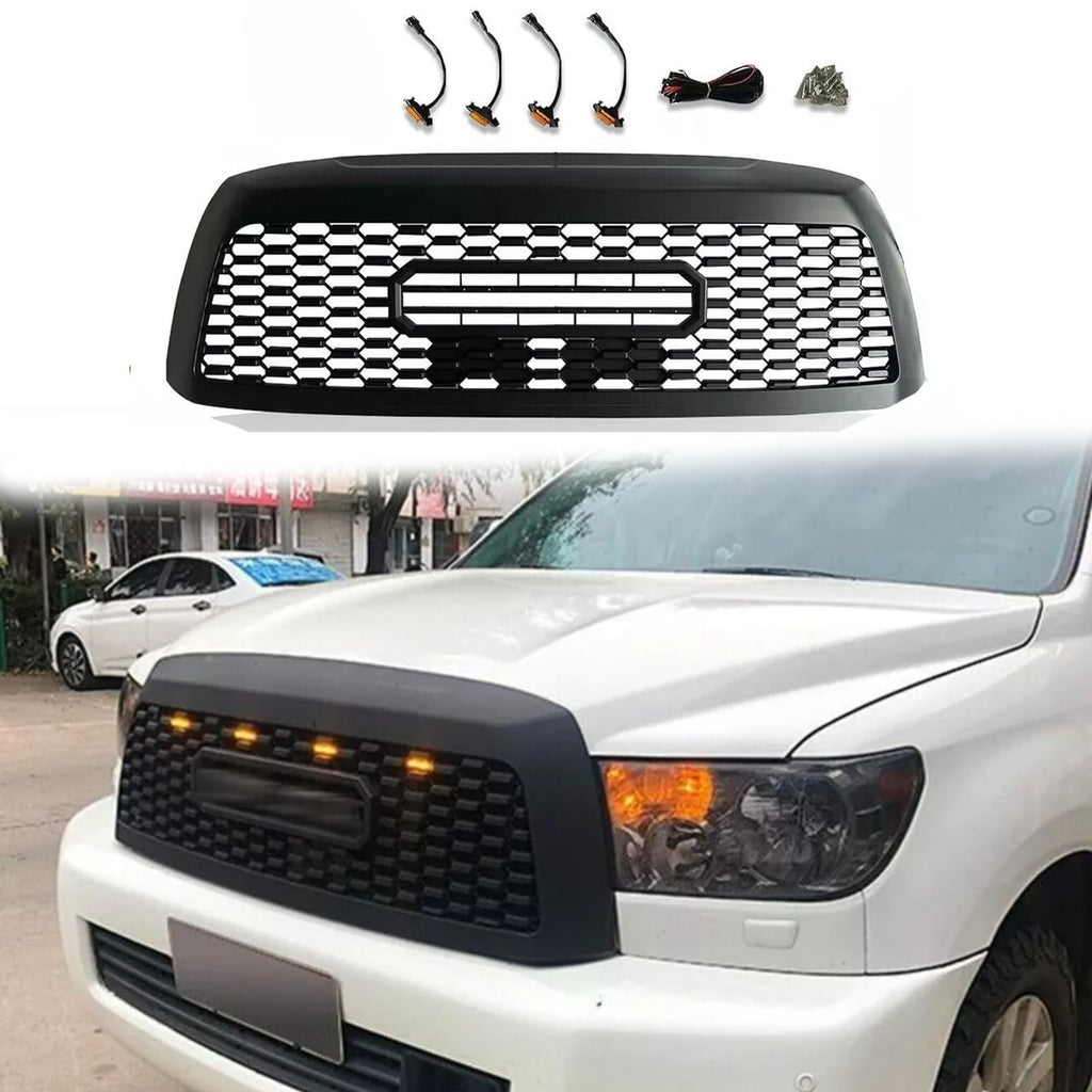 BUFEETERS Front Bumper Upper Grille w/LED Lights Fit For 2010 2011 2012 2013 2014 2015 2016 2017 2018 Toyota Sequoia,Mesh Style,Matte Black