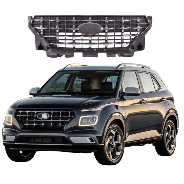 BUFEETERS  Front Bumper Upper Radiator Grille W/Chrome Trim  Fit For 2020 2021 2022 2023 Hyundai Venue,Factory Style,Black&Chrome