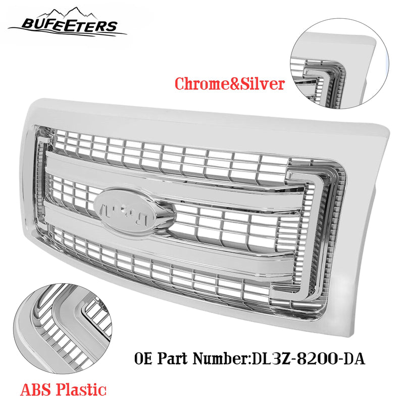 BUFEETERS  Front Bumper Grille Fit For 2009 2010 2011 2012 2013 2014 Ford F150 F-150,Horizontal Billet Style,Chrome&Silver