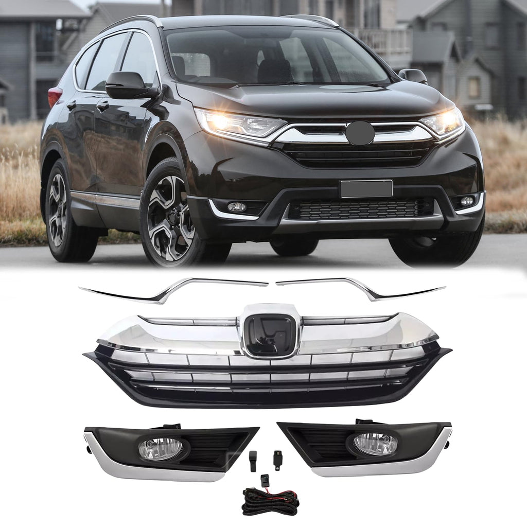 BUFEETERS  Front Bumper Grille Headlight Trim Fog Light Set Fit For 2017 2018 2019 Honda CRV CR-V,Factory Style,Chrome&Black&Silver