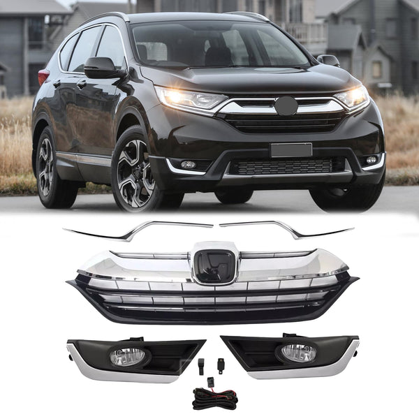BUFEETERS  Front Bumper Grille Headlight Trim Fog Light Set Fit For 2017 2018 2019 Honda CRV CR-V,Mesh Style,Chrome&Black&Silver