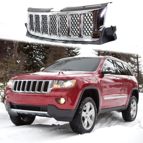 BUFEETERS   Front Bumper Upper Grille Fit For 2011 2012 2013 Jeep Grand Cherokee,Factory Style,Chrome Shell with Painted Black Insert