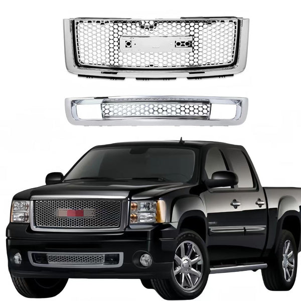 BUFEETERS  Front Bumper Upper & Lower Grille Hood Grill Fit For 2007 2008 2009 2010 2011 2012 2013 GMC Sierra 1500,New Body Style,Chrome&Silver