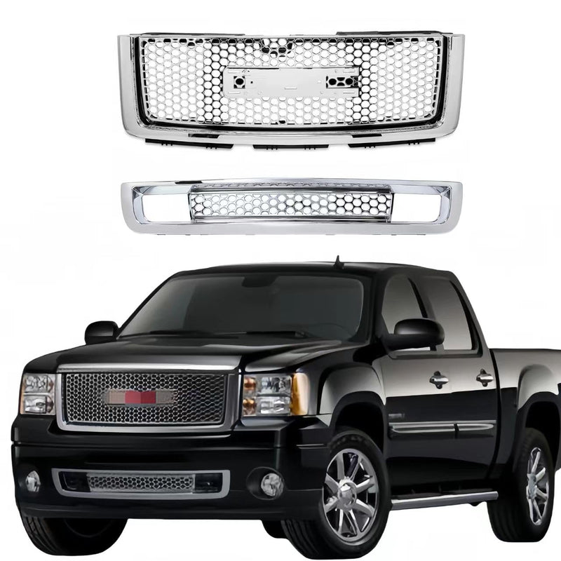 BUFEETERS  Front Bumper Upper & Lower Grille Hood Grill Fit For 2007 2008 2009 2010 2011 2012 2013 GMC Sierra 1500,New Body Style,Chrome&Silver