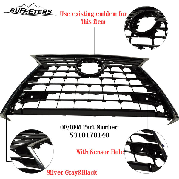 BUFEETERS  Front Bumper Grille Assembly Fit For 2018 2019 Lexus NX300h NX300,Horizontal bar insert Style,Silver Gray Shell and Black Insert