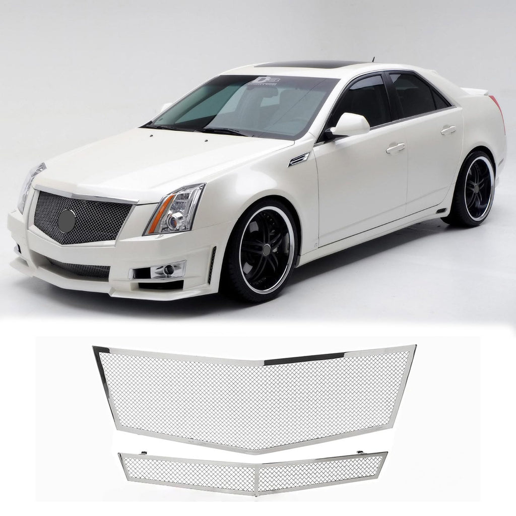 BUFEETERS  Front Bumper Upper Grille Stainless Insert Combo Chrome Fit For 2008 2009 2010 2011 2012 2013 Cadillac CTS,Mesh Style,Chrome&Silver