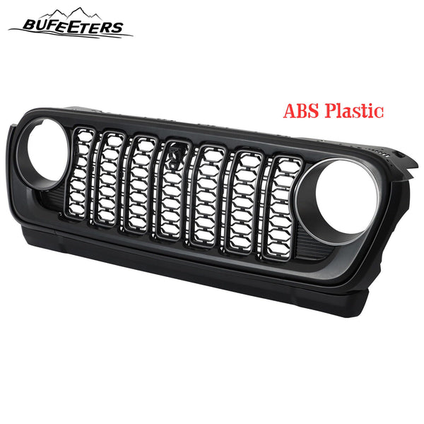 BUFEETERS  Front Bumper Upper Grille w/ Camera Hole Fit For 2018 2019 2020 2021 2022 2023 2024 Jeep Wrangler JL Gladiator JT,Mesh Style,Matte Black