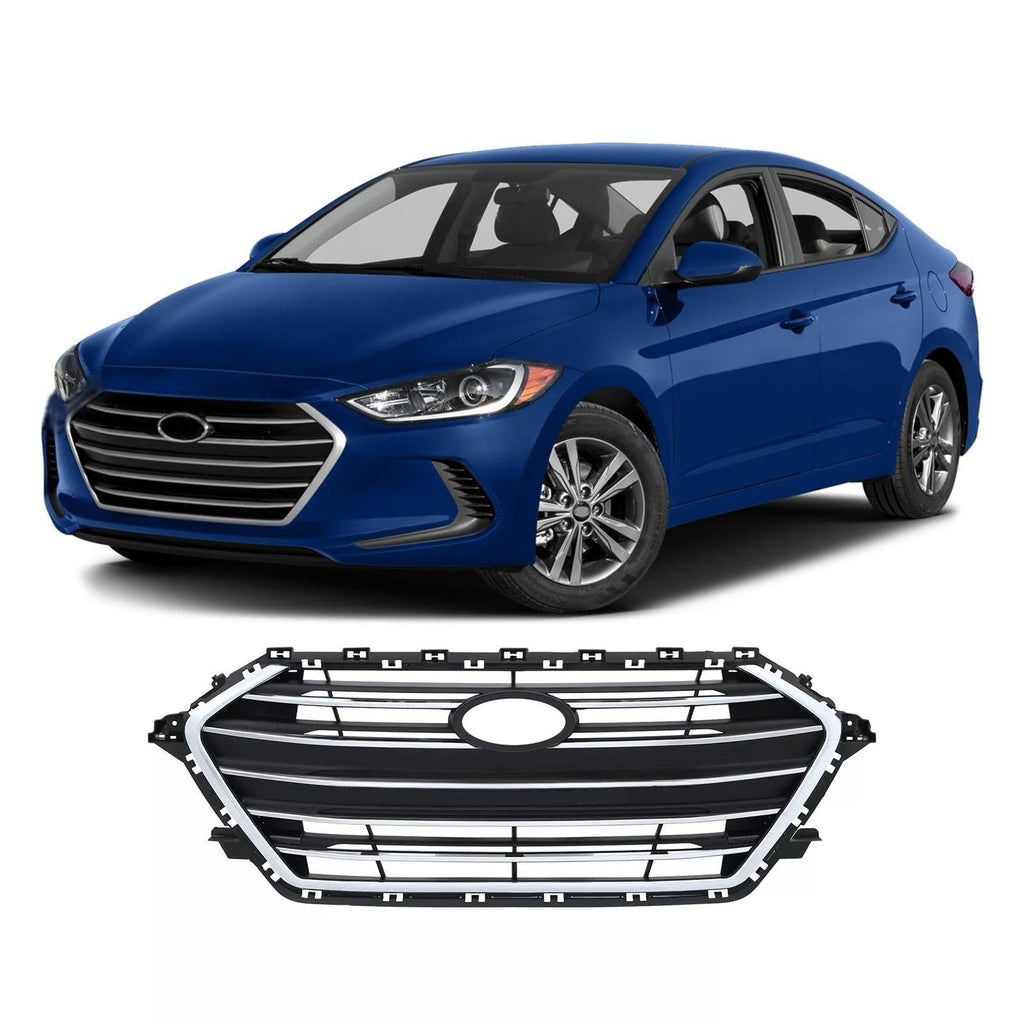 BUFEETERS     Front Bumper Grille w/ Chrome Trim Fit For 2017 2018 Hyundai Elantra Sedan,Horizontal Billet Style,Chrome&Black