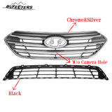 BUFEETERS    Front Bumper Upper+Lower Grille Assembly W/o Camera Hole Fit For 2017 2018 Hyundai Santa Fe Sport,Factory Style,Chrome&Silver&Black