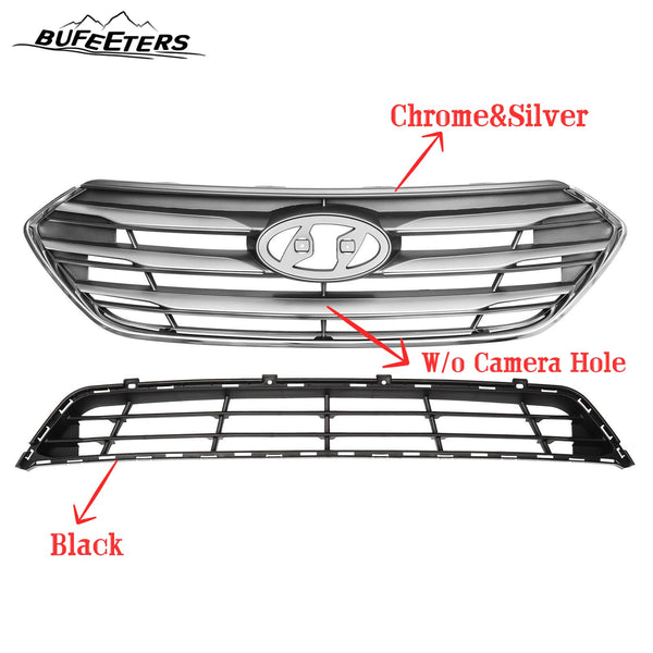 BUFEETERS    Front Bumper Upper+Lower Grille Assembly W/o Camera Hole Fit For 2017 2018 Hyundai Santa Fe Sport,Factory Style,Chrome&Silver&Black