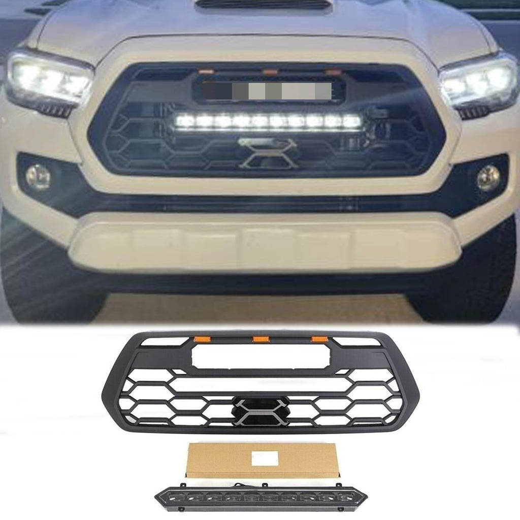 BUFEETERS   Front Bumper Grille W/Led & Light Bar Fit For 2016 2017 2018 2019 2020 2021 2022 2023 Toyota Tacoma,Mesh Style,Matte Black