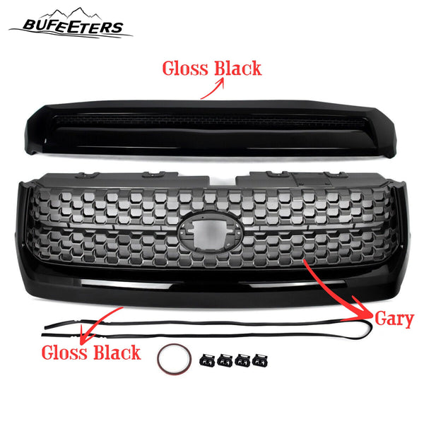 BUFEETERS  Front Bumper Upper Grille Grill & Hood Bulge Fit For 2014 2015 2016 2017 2018 2019 2020 Toyota Tundra,Honeycomb Style,Gloss Black&Gary