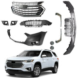 BUFEETERS 10PCS New Complete Front Bumper Grille Set Fit For 2018 2019 2020 2021 Chevy Chevrolet Traverse,Mesh Style,Chrome&Black