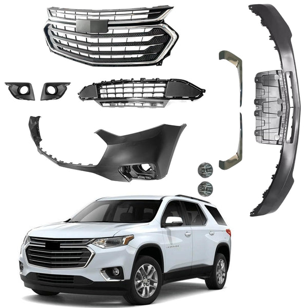 BUFEETERS 10PCS New Complete Front Bumper Grille Set Fit For 2018 2019 2020 2021 Chevy Chevrolet Traverse,Mesh Style,Chrome&Black