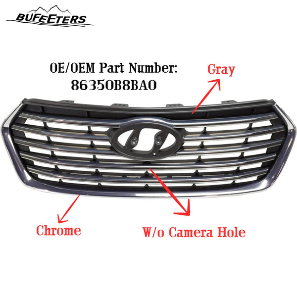 BUFEETERS    Front Bumper Grille W/o Camera Hole Fit For 2017 2018 2019 Hyundai Santa Fe XL,Horizontal Billet Style,Painted Gray Shell Insert W/Chrome Molding