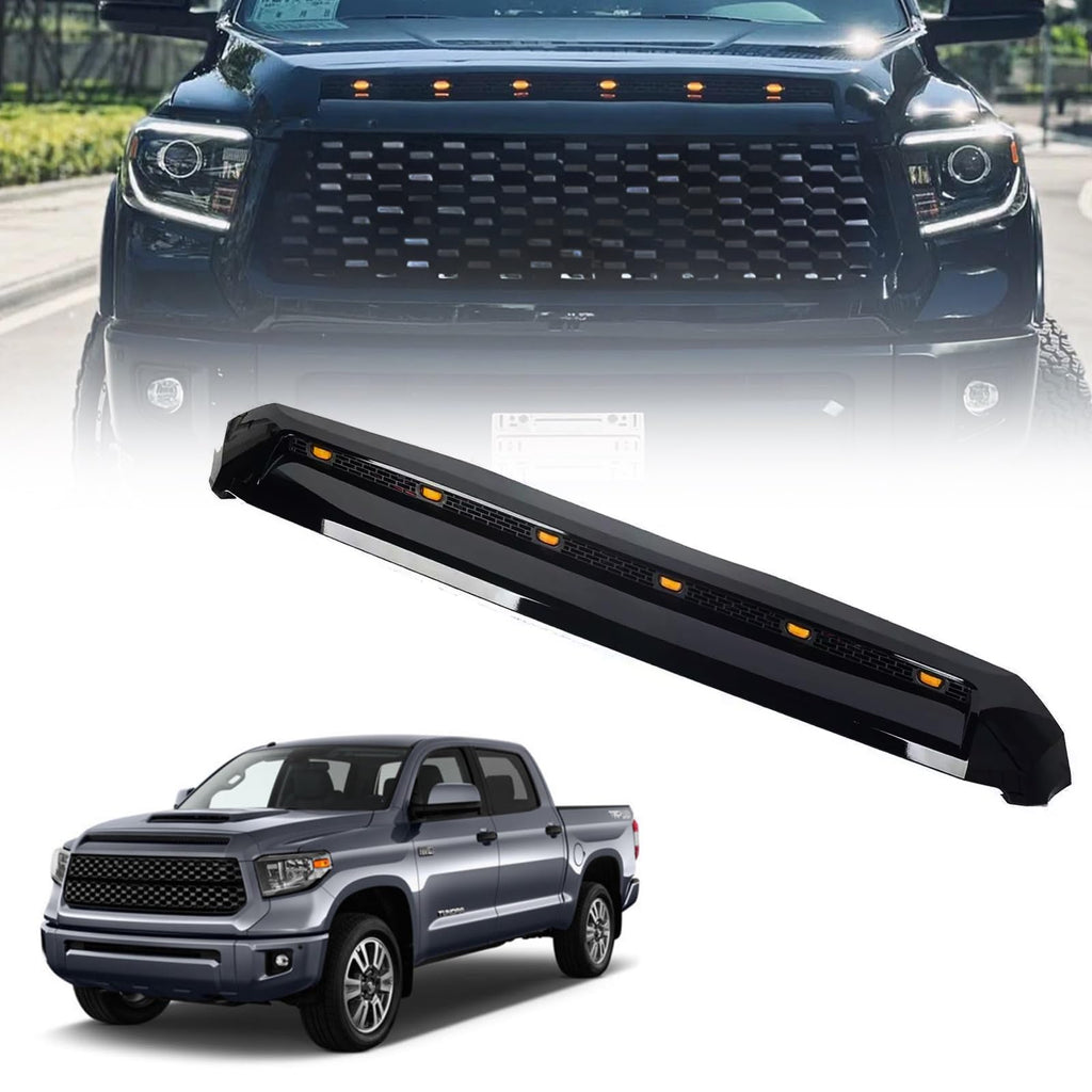 BUFEETERS  Front Upper Hood Scoop With Small Lights Fit For Toyota Tundra 2014 2015 2016 2017 2018 2019 2020 2021,Gloss Black