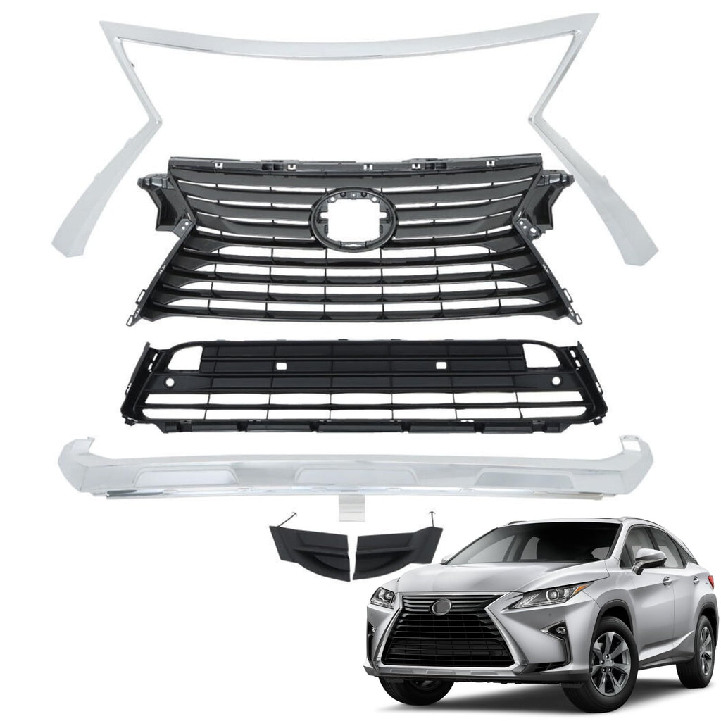 BUFEETERS  Front Bumper Upper Lower Grille Trim W/O Camera Hole Fit For 2016 2017 2018 2019 Lexus RX350 RX450h,Factory Style,Chrome&Black&Dark Gray