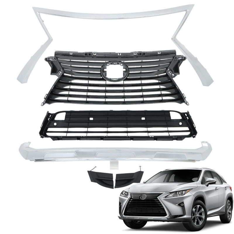 BUFEETERS  4PCS Front Bumper Upper Lower Grille Trim W/O Camera Hole Fit For 2016 2017 2018 2019 Lexus RX350 RX450h,Factory Style,Chrome&Black&Dark Gray