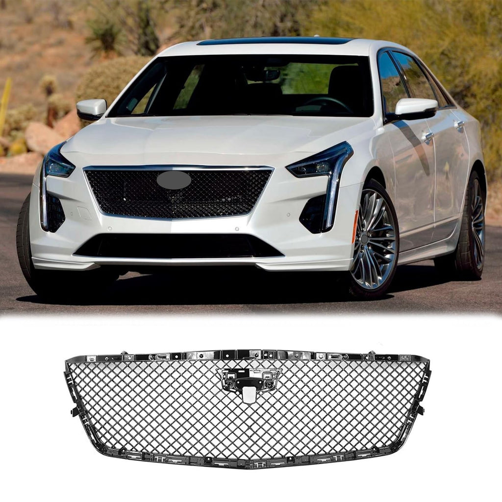 BUFEETERS  Front Bumper Upper Grille W/Camera Hole Fit For 2019 2020 Cadillac CT6,V Style,Gloss Black
