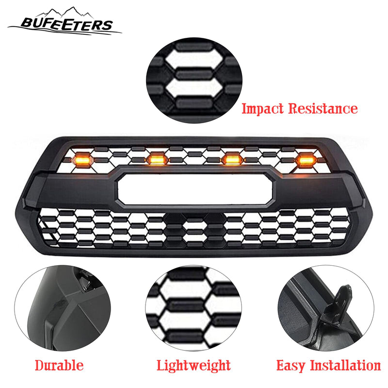 BUFEETERS   Front Bumper Grille With Accessories&4 LED Fit For 2016 2017 2018 2019 2020 2021 2022 2023 Toyota Tacoma,Mesh Style,Matte Black