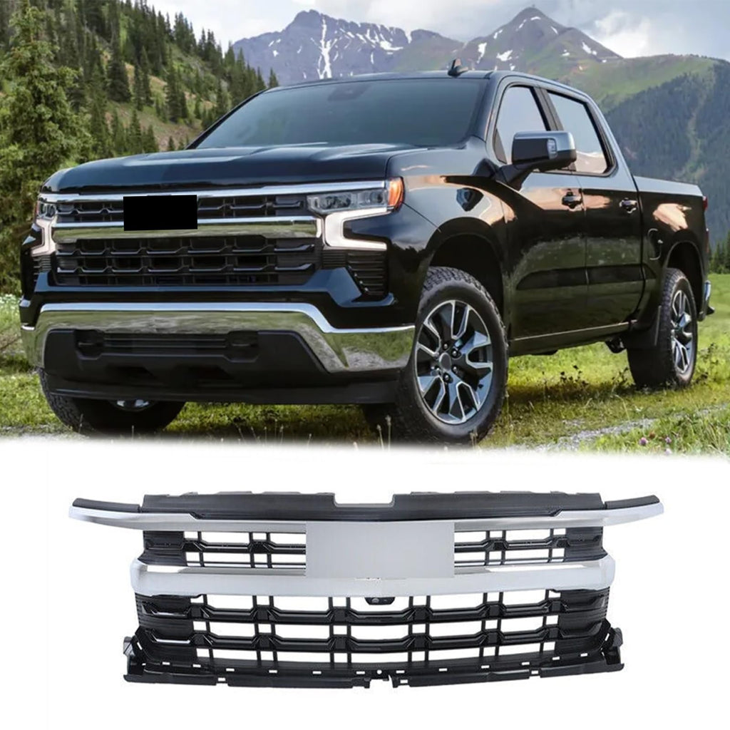 BUFEETERS Front Bumper Upper Grille Fit For 2022 2023 2024 Chevy Silverado 1500,Horizontal Billet Style,Chrome&Black