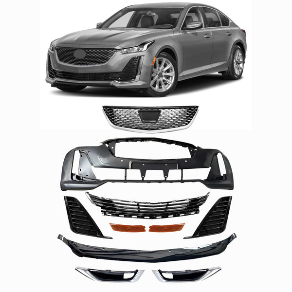 BUFEETERS  10Pcs Front Bumper Cover & Upper Lower Grille & Lip Set Fit For 2020 2021 2022 2023 2024 Cadillac CT5,Factory Style,Chrome&Black