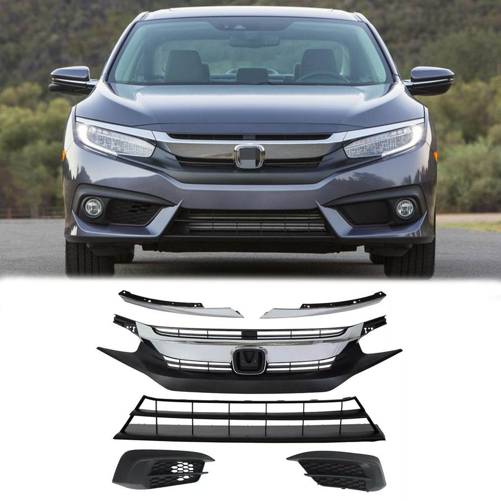 BUFEETERS  6PCS Front Bumper Upper Lower Grille w/ Fog Light Covers Fit For 2016 2017 2018 Honda Civic Sedan,Factory Style,Chrome&Black