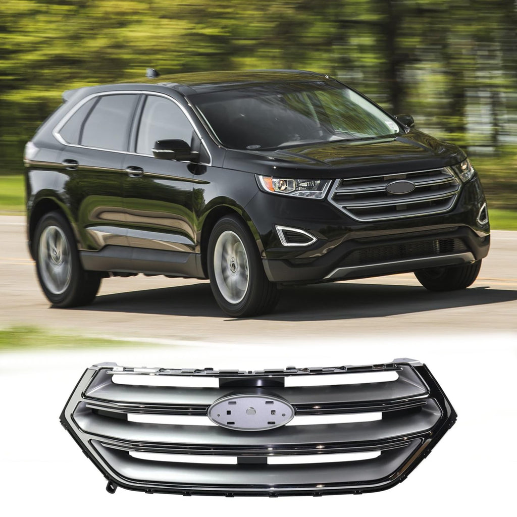 BUFEETERS  Front Upper Grille Assembly W/o Camera Hole Fit For 2015 2016 2017 2018 Ford Edge,Factory Style,Chrome Shell with Silver Insert