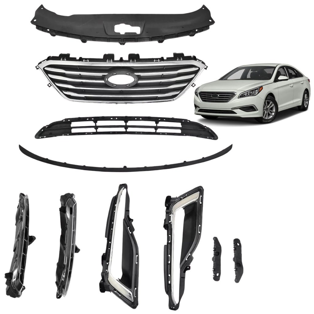 BUFEETERS    10PCS Front Bumper Upper Lower Grille + LED Fog Light Kit+ Bumper Brackets Fit For 2015 2016 2017 Hyundai Sonata SE,Chrome&Black