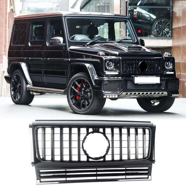BUFEETERS  Front Bumper Upper Grille W/Camera Hole Fit For Mercedes Benz W463 G-CLASS 1990-2018,GT/Panamericana Style.All Black