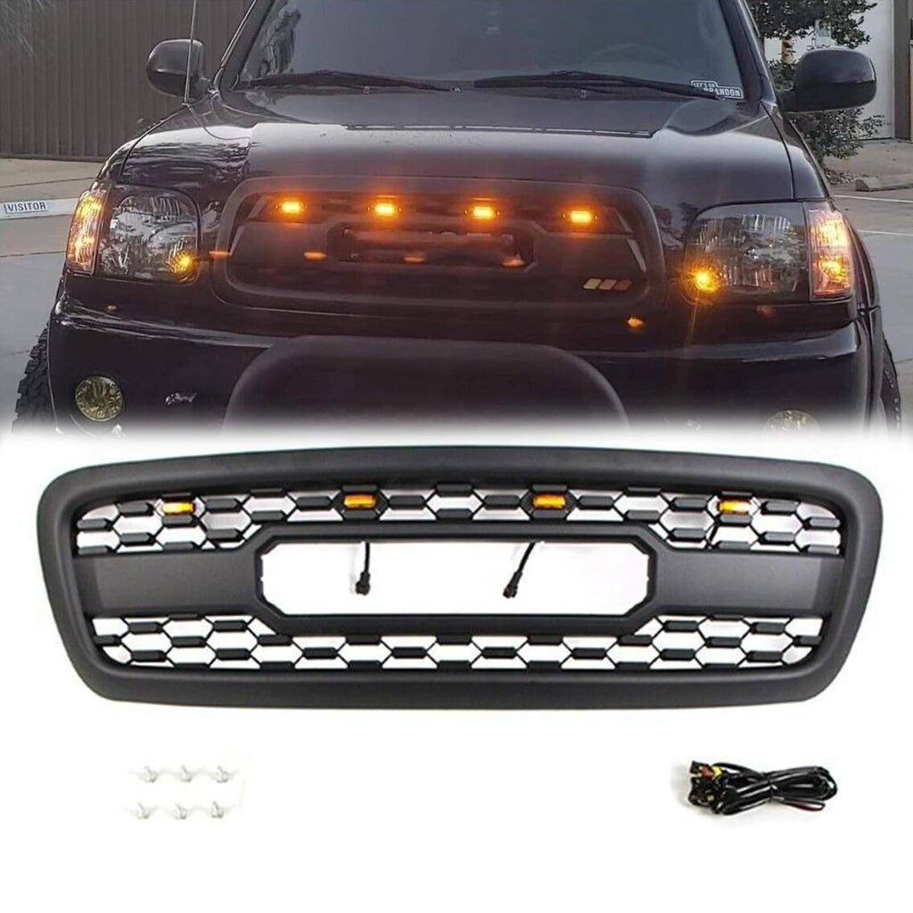 BUFEETERS Front Bumper Upper Grille W/Light Fit For 2001 2002 2003 2004 Toyota Sequoia,Mesh Style,Matte Black