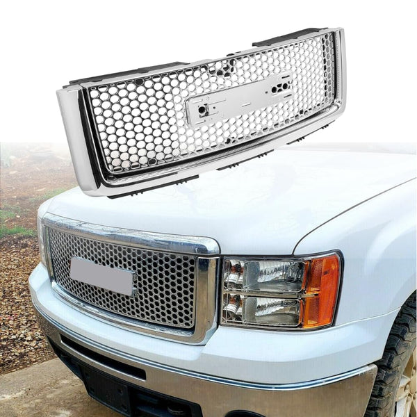 BUFEETERS  Front Bumper Upper Grille Fit For 2007 2008 2009 2010 2011 2012 2013 GMC Sierra 1500,Denali,Hybrid,Honeycomb Style,Chrome&Silver