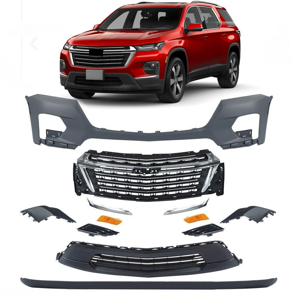BUFEETERS  12PCS Front Bumper Cover Grille Assembly Kit Fit For 2022 2023 2024 Chevy Chevrolet Traverse,Factory Style,Chrome&Black