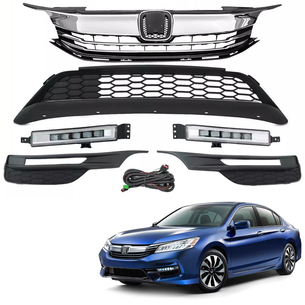 BUFEETERS Front Bumper Grille Grill & LED Fog Lights Set Fit For 2016 2017 Honda Accord Sedan,Factory Style,Chrome&Black
