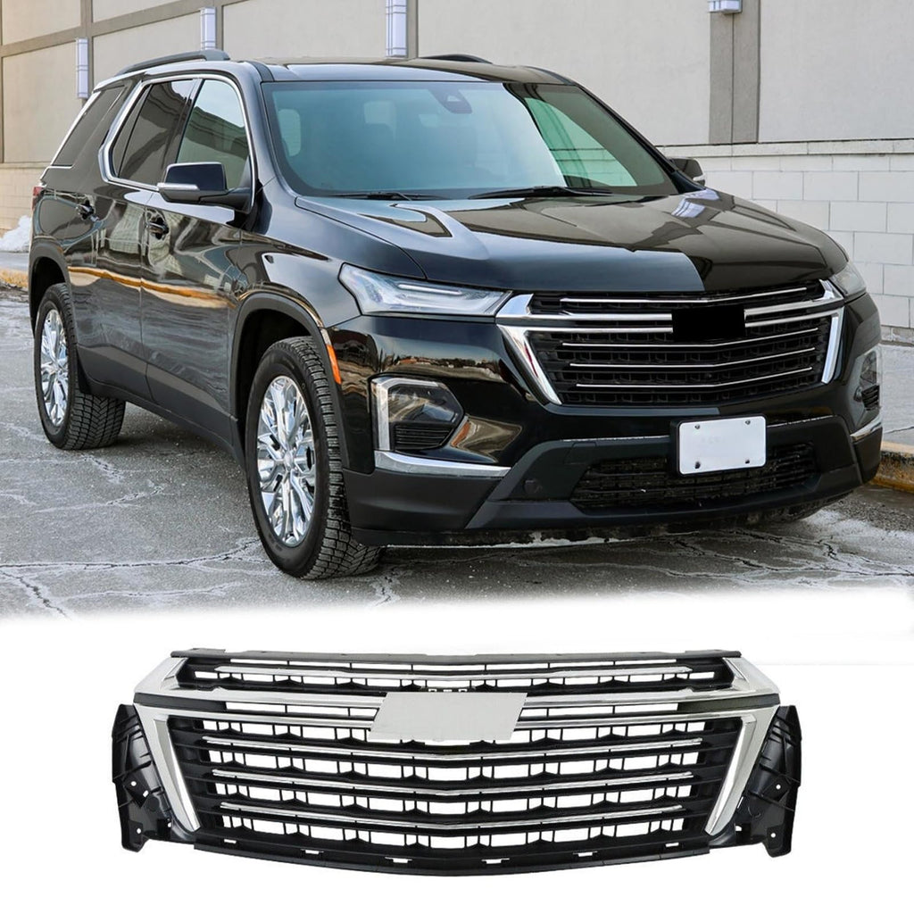 BUFEETERS  Front Bumper Upper Grille Chrome Surround Fit For 2022 2023 Chevy Chevrolet Traverse,Horizontal Billet Style,Chrome&Black