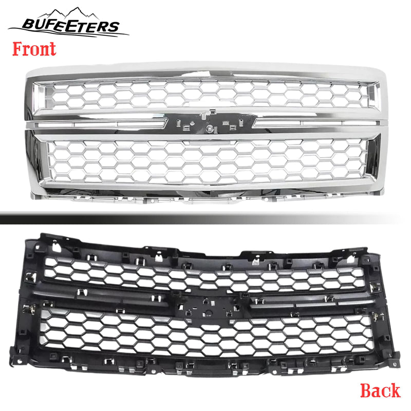 BUFEETERS Front Bumper Upper Grille Fit For 2014 2015 Chevy Silverado 1500,Honeycomb Style,Chrome&Silver