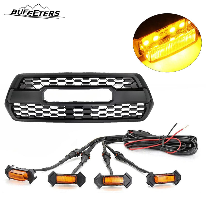 BUFEETERS   Front Bumper Grille With Accessories&4 LED Fit For 2016 2017 2018 2019 2020 2021 2022 2023 Toyota Tacoma,Mesh Style,Matte Black