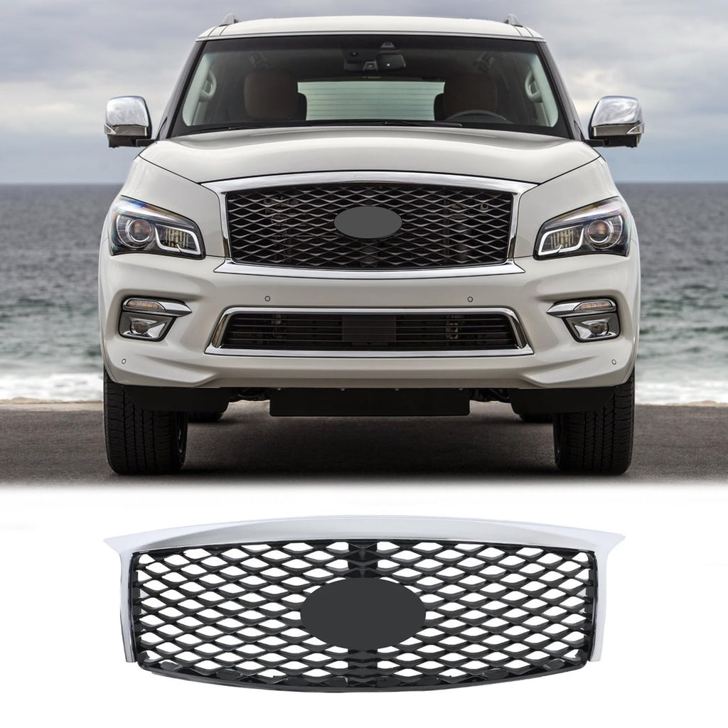 BUFEETERS  Front Bumper Upper Grille Fit For 2015 2016 2017 INFINITI QX80,Mesh Style,Chrome&Black
