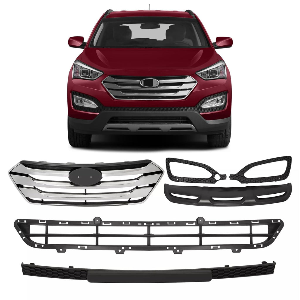 BUFEETERS    Front Upper Grille Fog Light Bezels Set Fit For 2013 2014 2015 2016 Hyundai Santa Fe Sport,Factory Style,Chrome&Black