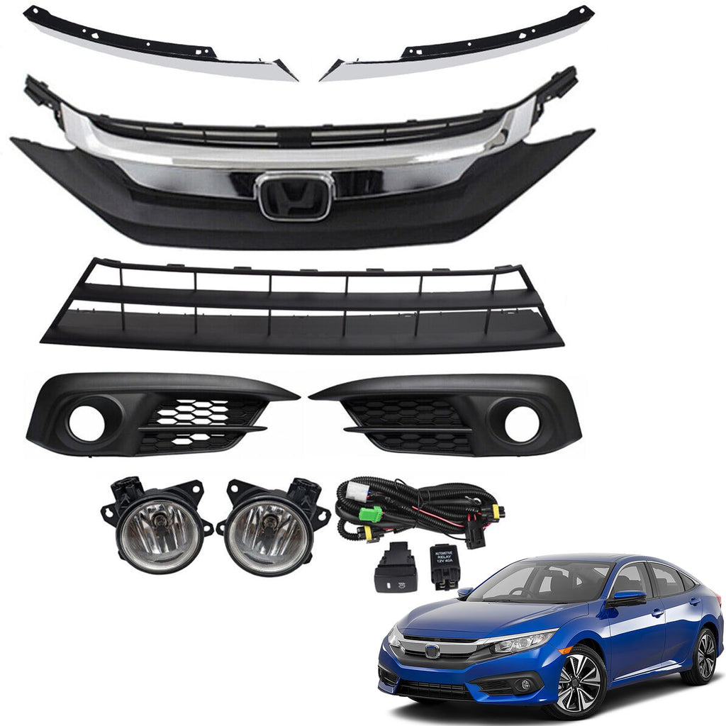 BUFEETERS  8PCS Front Upper Lower Grille & Foglights & Bezels Set Fit For 2016 2017 2018 Honda Civic Sedan,Factory Style,Chrome&Black