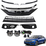 BUFEETERS  8PCS Front Upper Lower Grille&Foglights&Bezels Fit For 2016 2017 2018 Honda Civic Sedan,Factory Style,Chrome&Black