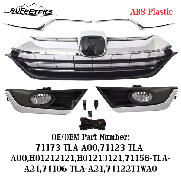 BUFEETERS  Front Bumper Grille Headlight Trim Fog Light Set Fit For 2017 2018 2019 Honda CRV CR-V,Mesh Style,Chrome&Black&Silver