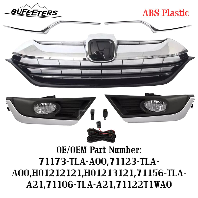 BUFEETERS  Front Bumper Grille Headlight Trim Fog Light Set Fit For 2017 2018 2019 Honda CRV CR-V,Mesh Style,Chrome&Black&Silver