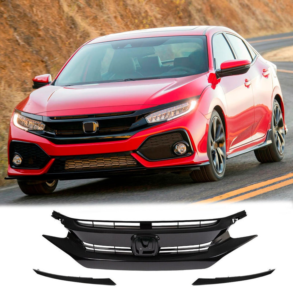 BUFEETERS  Front Bumper Upper Grille w/ Eyelid Molding Fit For 2016 2017 2018 Honda Civic,Factory Style,Gloss Black