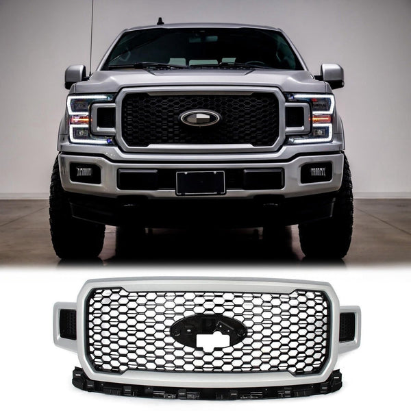 BUFEETERS  Front Radiator Grille Grill Assembly Fit For 2018 2019 2020 Ford F-150,Honeycomb Style,Ingot Silver&Black