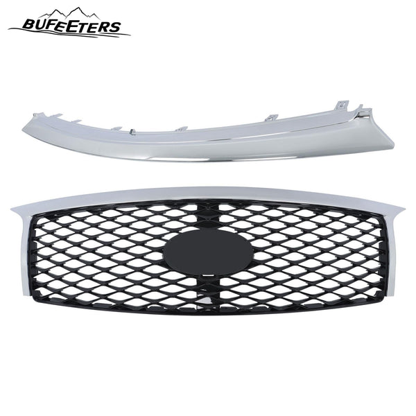 BUFEETERS  Front Bumper Upper Grille W/ Bumper Lower Trim Fit For 2015 2016 2017 INFINITI QX80,Factory Style,Chrome&Black